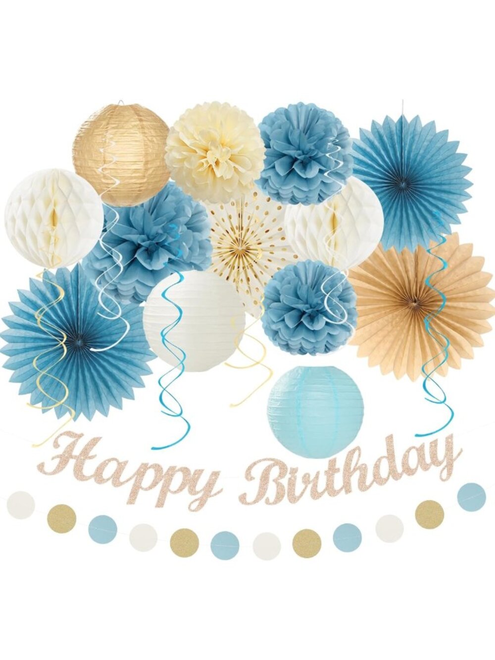 Boho Neutral Birthday Decorations Set - 21pcs Happy Banner, Streamers & Pom Poms
